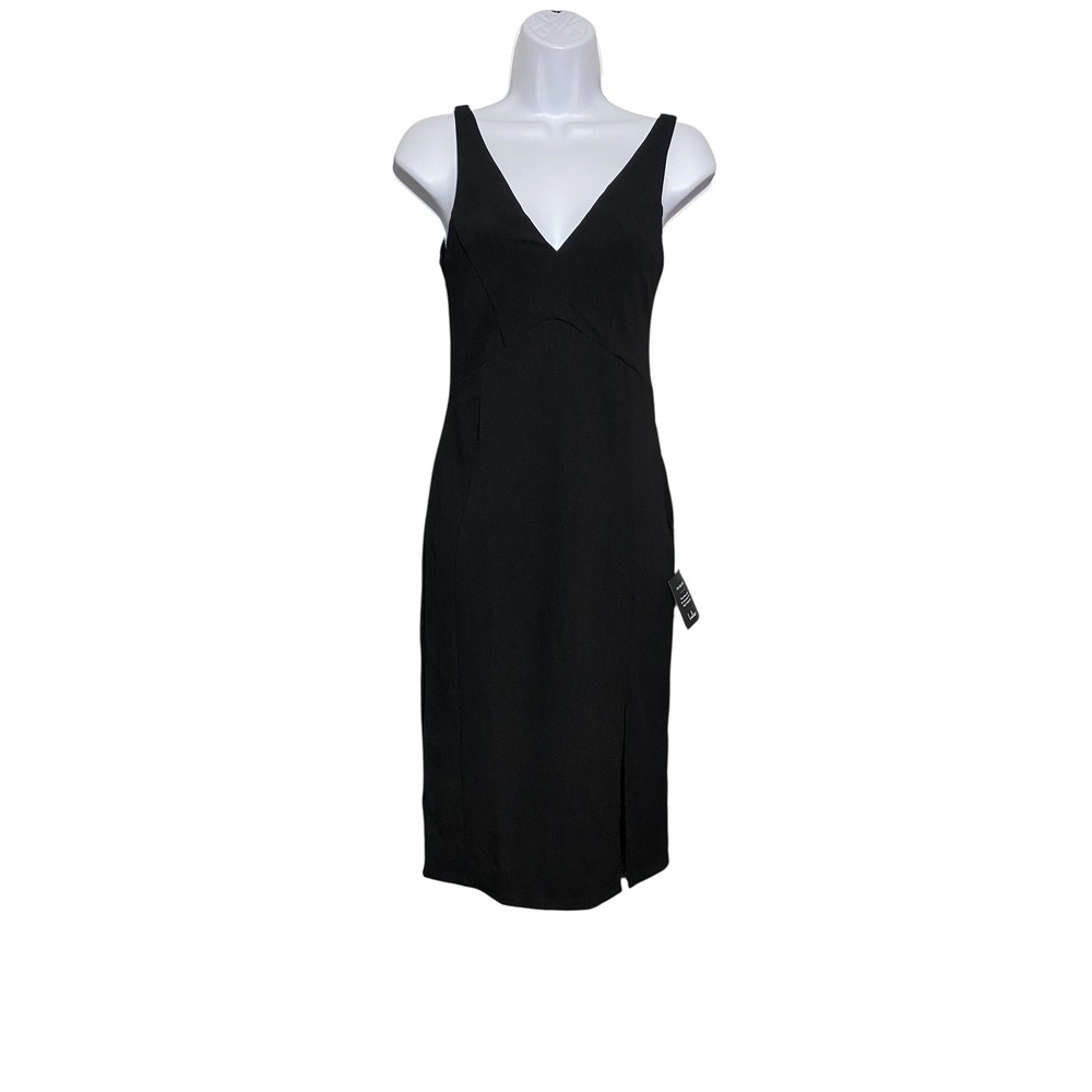 Lulus Black Iconic Sleeveless V‎ Neck Bodycon Midi Dress with Slit Women's Small